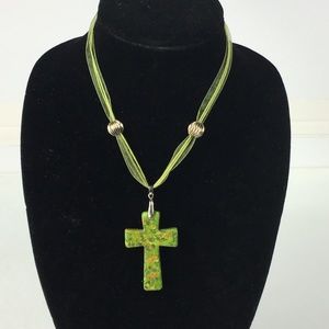 Green Jasper Cross Ribbon Necklace Base Metal Bead
